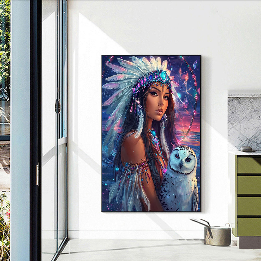 Diamond Painting - Full Round - Indian woman white owl (40*60CM)