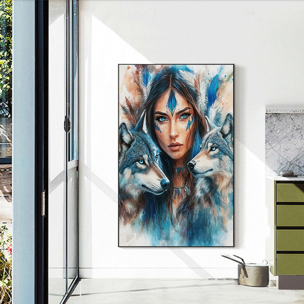 Diamond Painting - Full Round - Indian woman double wolf (40*60CM)