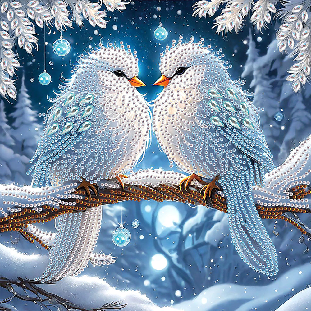 Diamond Painting - Partial Special Shaped - Bird on branch in winter snow (30*30CM)