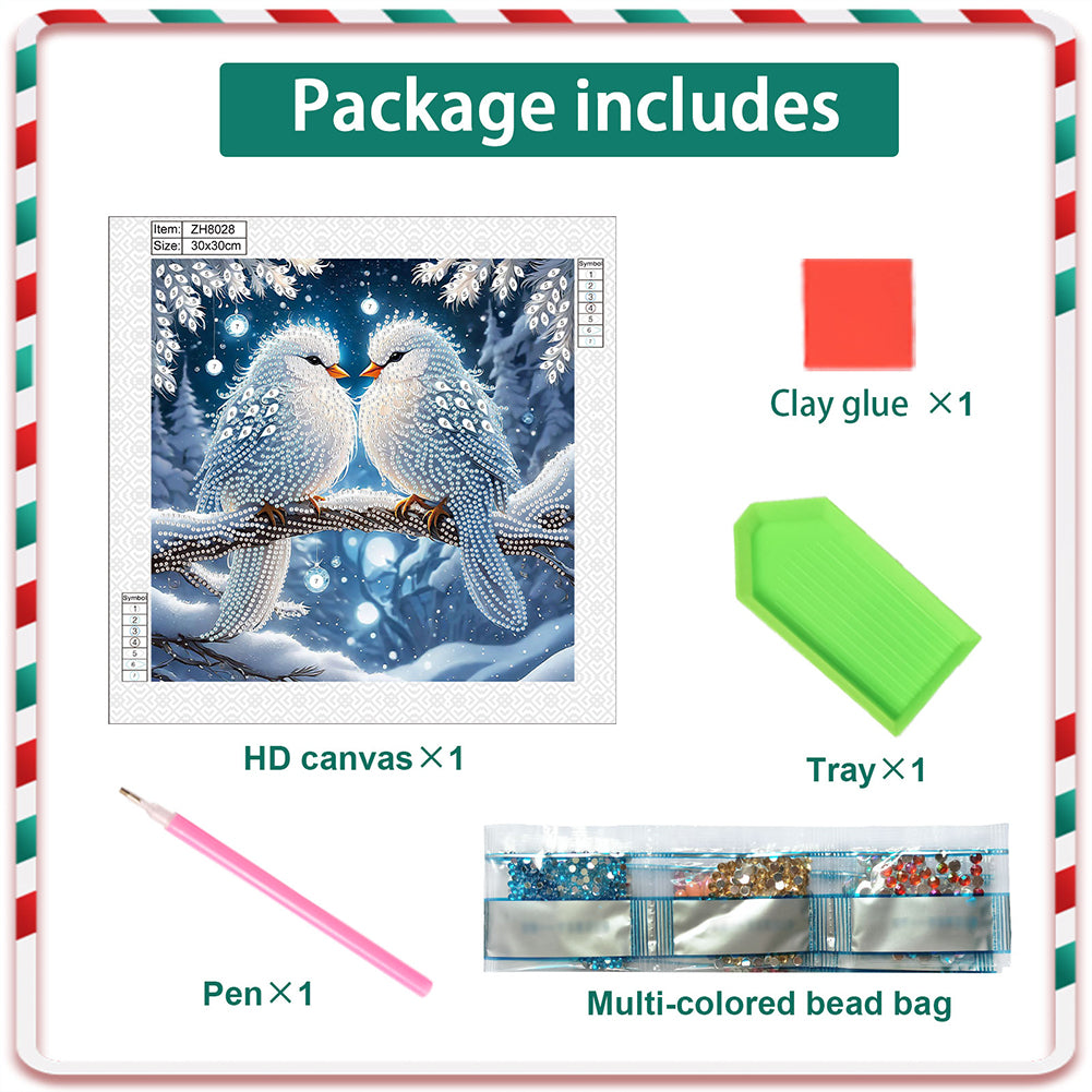 Diamond Painting - Partial Special Shaped - Bird on branch in winter snow (30*30CM)