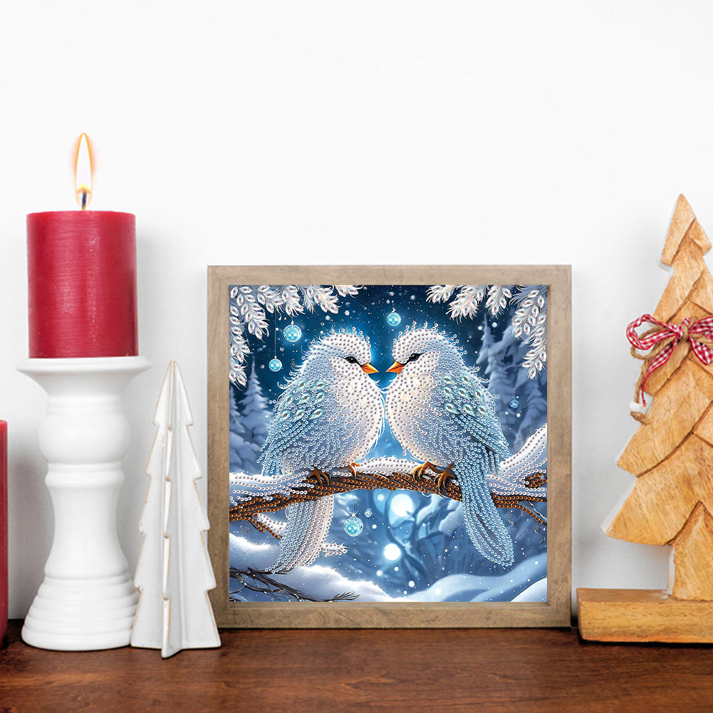 Diamond Painting - Partial Special Shaped - Bird on branch in winter snow (30*30CM)