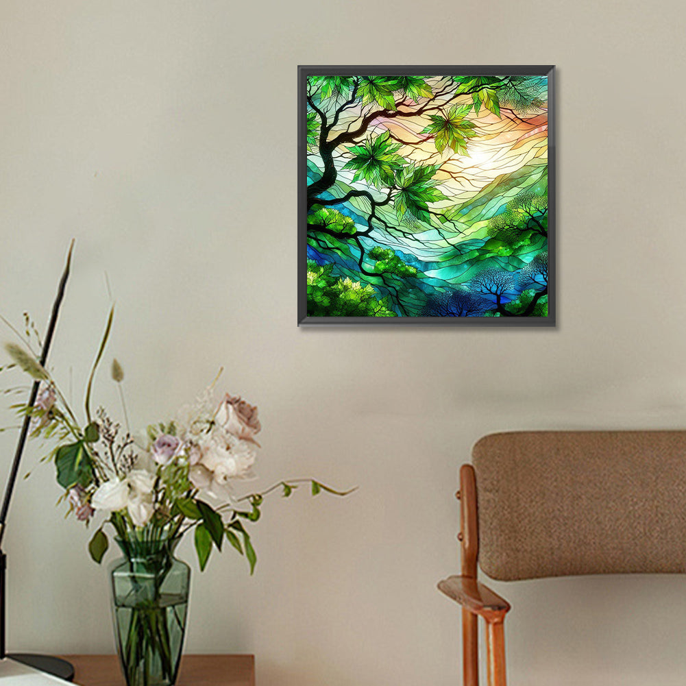 Diamond Painting - Full Round - Glass art green maple leaves (30*30CM)