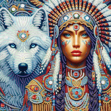 Load image into Gallery viewer, Diamond Painting - Partial Special Shaped - Indian Woman And White Wolf (30*30CM)