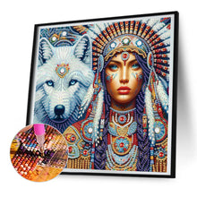 Load image into Gallery viewer, Diamond Painting - Partial Special Shaped - Indian Woman And White Wolf (30*30CM)