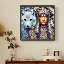 Load image into Gallery viewer, Diamond Painting - Partial Special Shaped - Indian Woman And White Wolf (30*30CM)