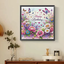 Load image into Gallery viewer, Diamond Painting - Partial Special Shaped - Happy birthday flowers and butterflies (30*30CM)