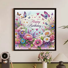 Load image into Gallery viewer, Diamond Painting - Partial Special Shaped - Happy birthday flowers and butterflies (30*30CM)