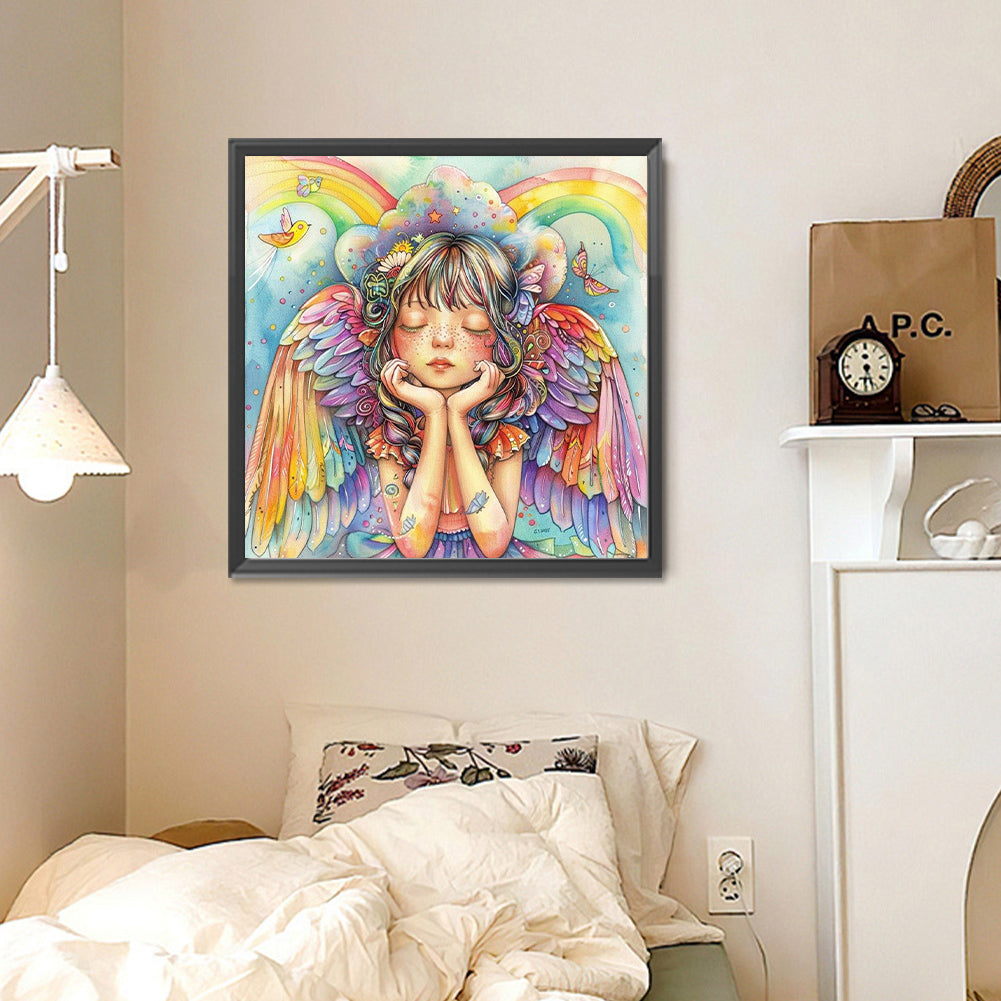 Diamond Painting - Full Round - Rainbow Angel Girl With Colorful Feathers (30*30CM)