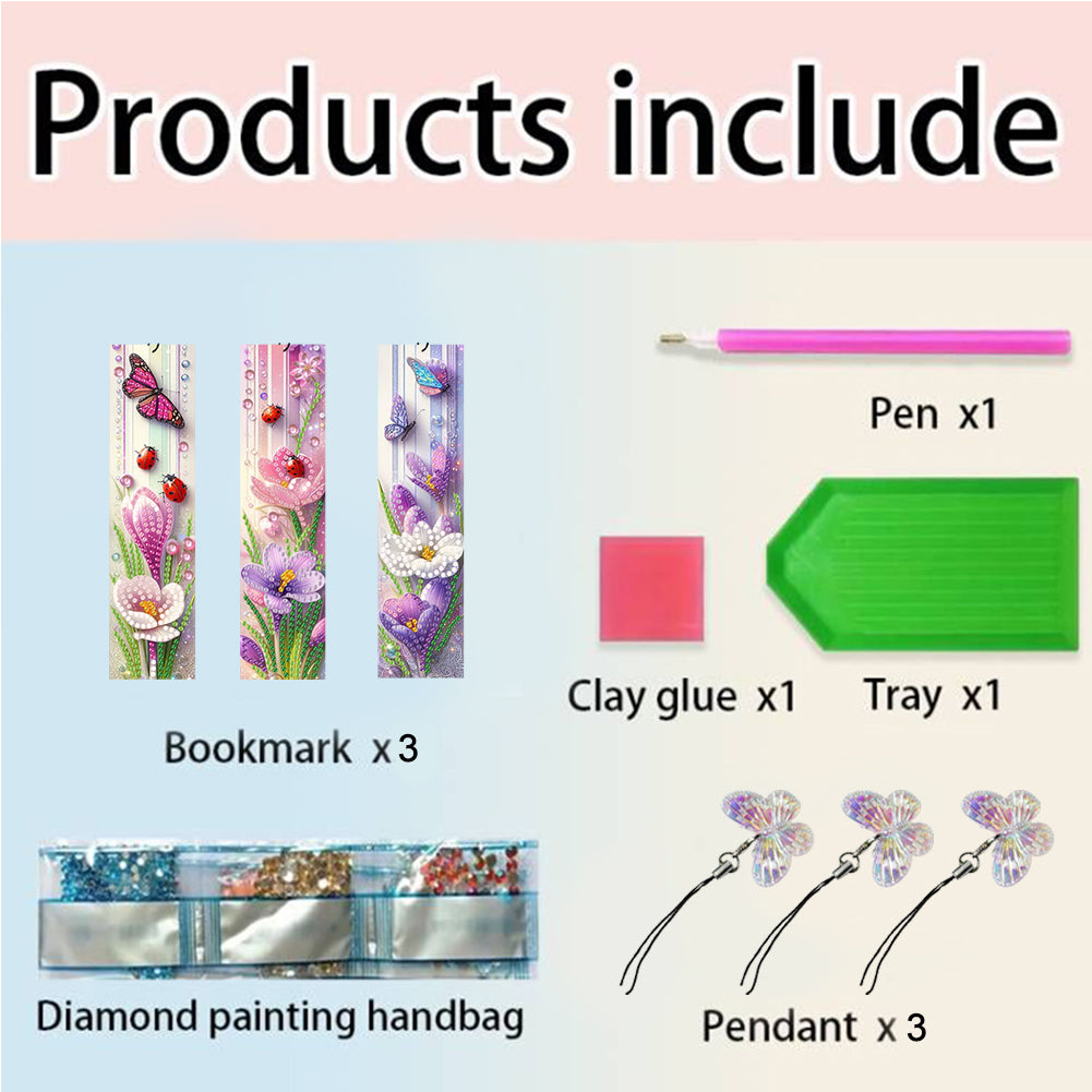 3Pcs Special Shape Flower Diamond Art Bookmark with Pendant for Adults Beginners
