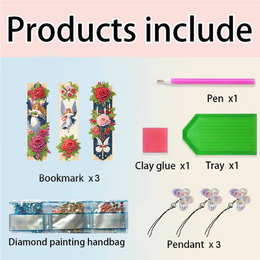 3Pcs Special Shape Flower Diamond Art Bookmark with Pendant for Adults Beginners