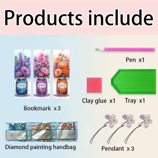 3Pcs Special Shape Flower Diamond Art Bookmark with Pendant for Adults Beginners
