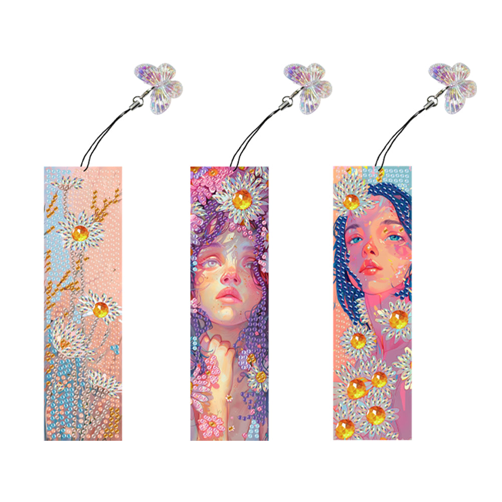 3Pcs Special Shape Flower Diamond Art Bookmark with Pendant for Adults Beginners