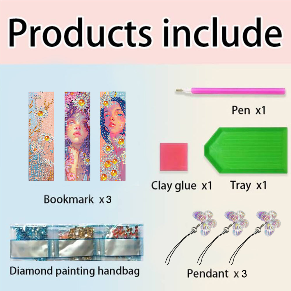 3Pcs Special Shape Flower Diamond Art Bookmark with Pendant for Adults Beginners