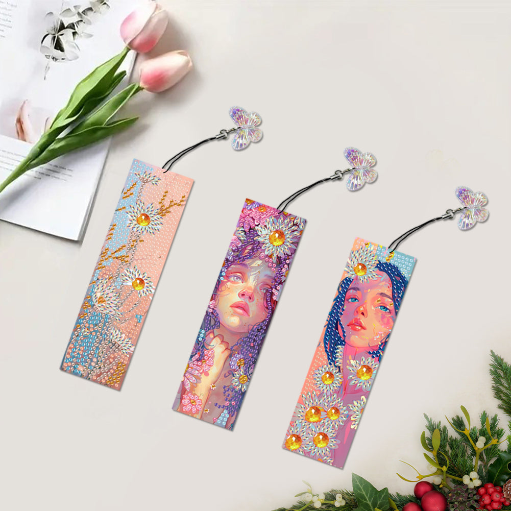 3Pcs Special Shape Flower Diamond Art Bookmark with Pendant for Adults Beginners