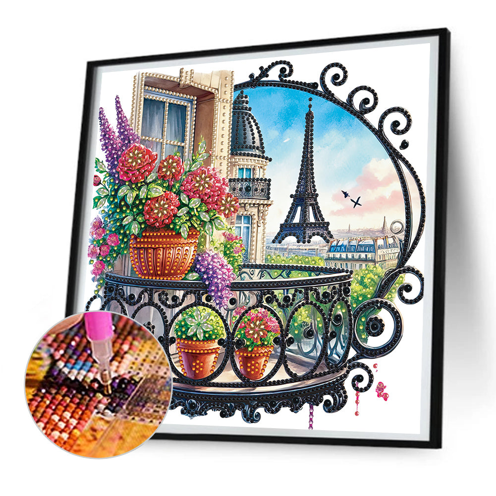 Diamond Painting - Partial Special Shaped - Garden Balcony with a Distance View of the Eiffel Tower (30*30CM)