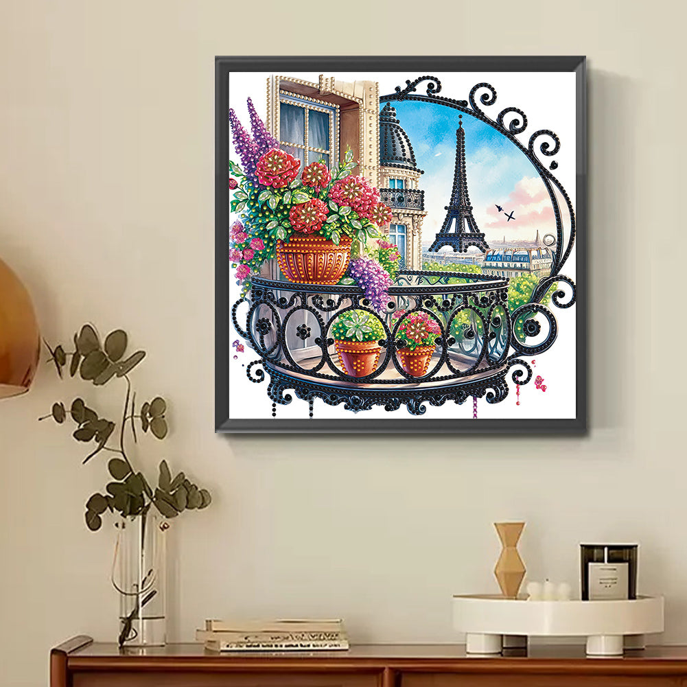Diamond Painting - Partial Special Shaped - Garden Balcony with a Distance View of the Eiffel Tower (30*30CM)