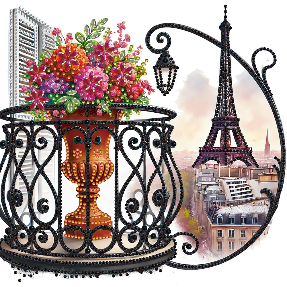 Diamond Painting - Partial Special Shaped - Garden Balcony with a Distance View of the Eiffel Tower (30*30CM)