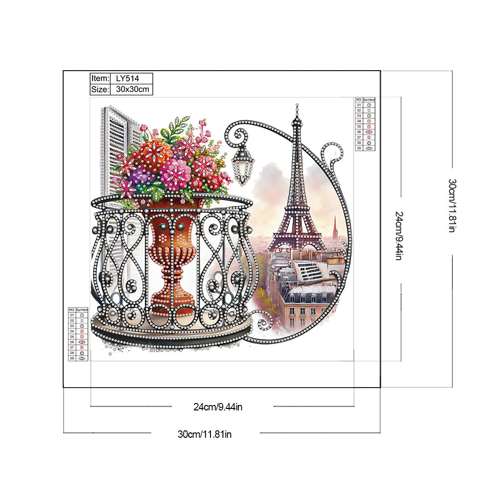 Diamond Painting - Partial Special Shaped - Garden Balcony with a Distance View of the Eiffel Tower (30*30CM)