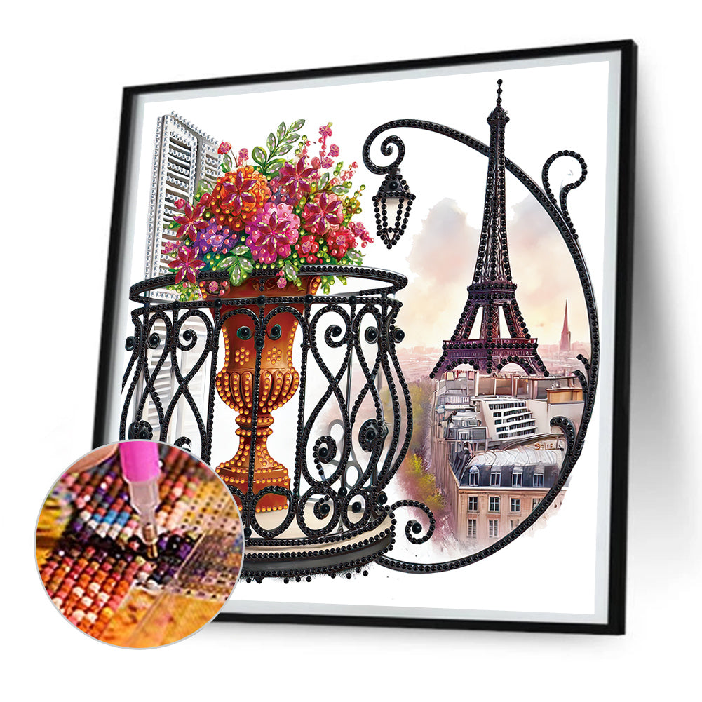 Diamond Painting - Partial Special Shaped - Garden Balcony with a Distance View of the Eiffel Tower (30*30CM)