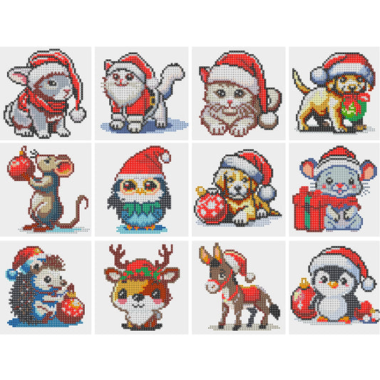 12pcs Mini Diamond Painting Set - Full Round - Animal in santa hat (15*15CM)