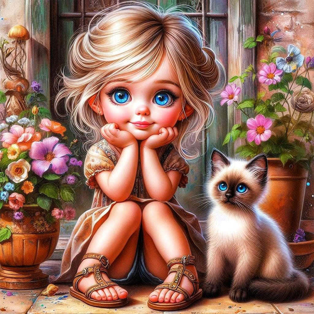 Diamond Painting - Full Round - Girl In Front Of The Door And Kitten (30*30CM)