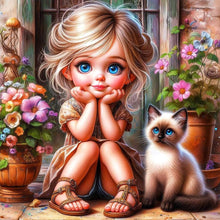 Load image into Gallery viewer, Diamond Painting - Full Round - Girl In Front Of The Door And Kitten (30*30CM)
