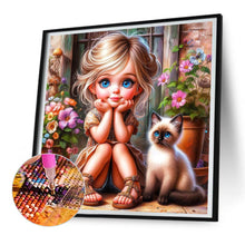 Load image into Gallery viewer, Diamond Painting - Full Round - Girl In Front Of The Door And Kitten (30*30CM)