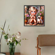 Load image into Gallery viewer, Diamond Painting - Full Round - Girl In Front Of The Door And Kitten (30*30CM)