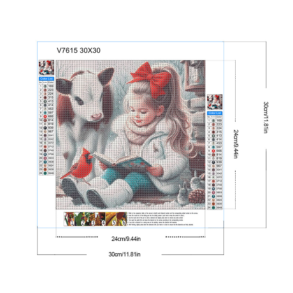 Diamond Painting - Full Round - Cow Cardinal Girl Reading A Book (30*30CM)
