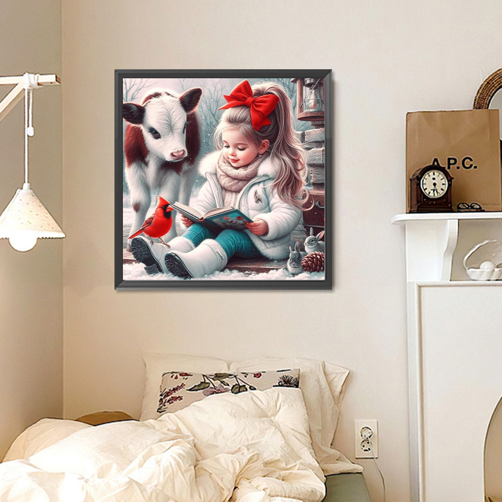 Diamond Painting - Full Round - Cow Cardinal Girl Reading A Book (30*30CM)