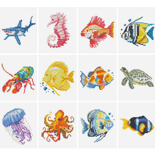 12pcs Mini Diamond Painting Set - Full Round - marine life (15*18CM)