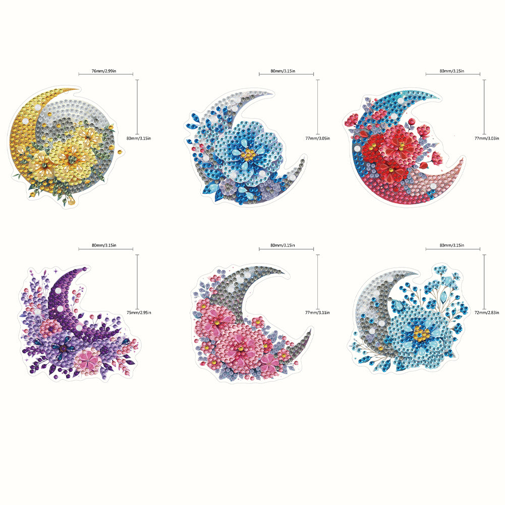 6Pcs Acrylic Double Sided Moon Flower Diamond Painting Keychain for Bag Decor