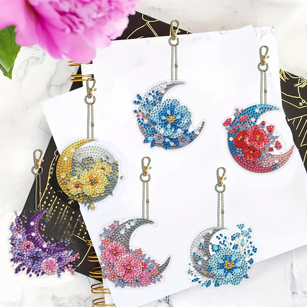 6Pcs Acrylic Double Sided Moon Flower Diamond Painting Keychain for Bag Decor