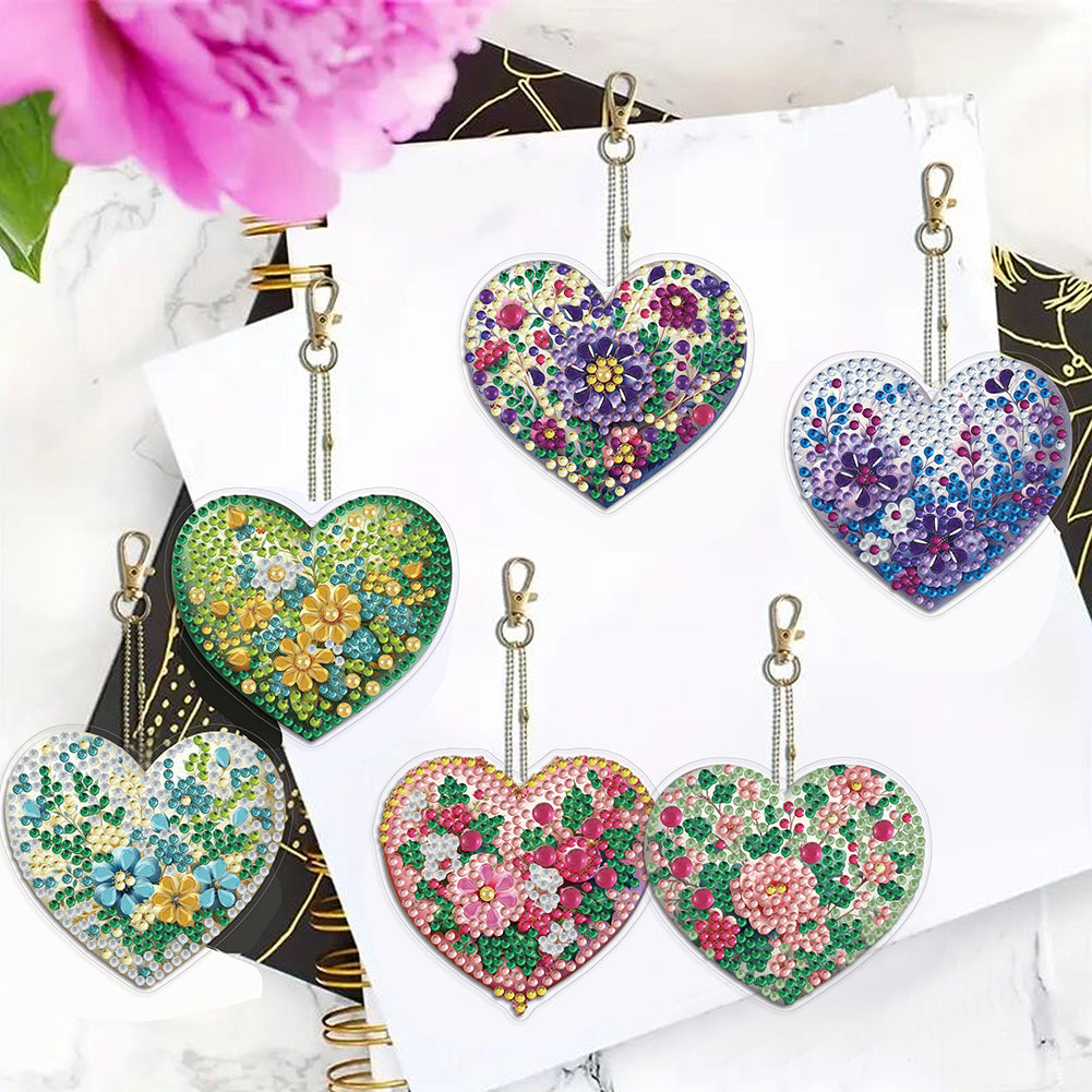 6Pcs Acrylic Double Sided Heart Flower Diamond Painting Keychain for Bag Decor