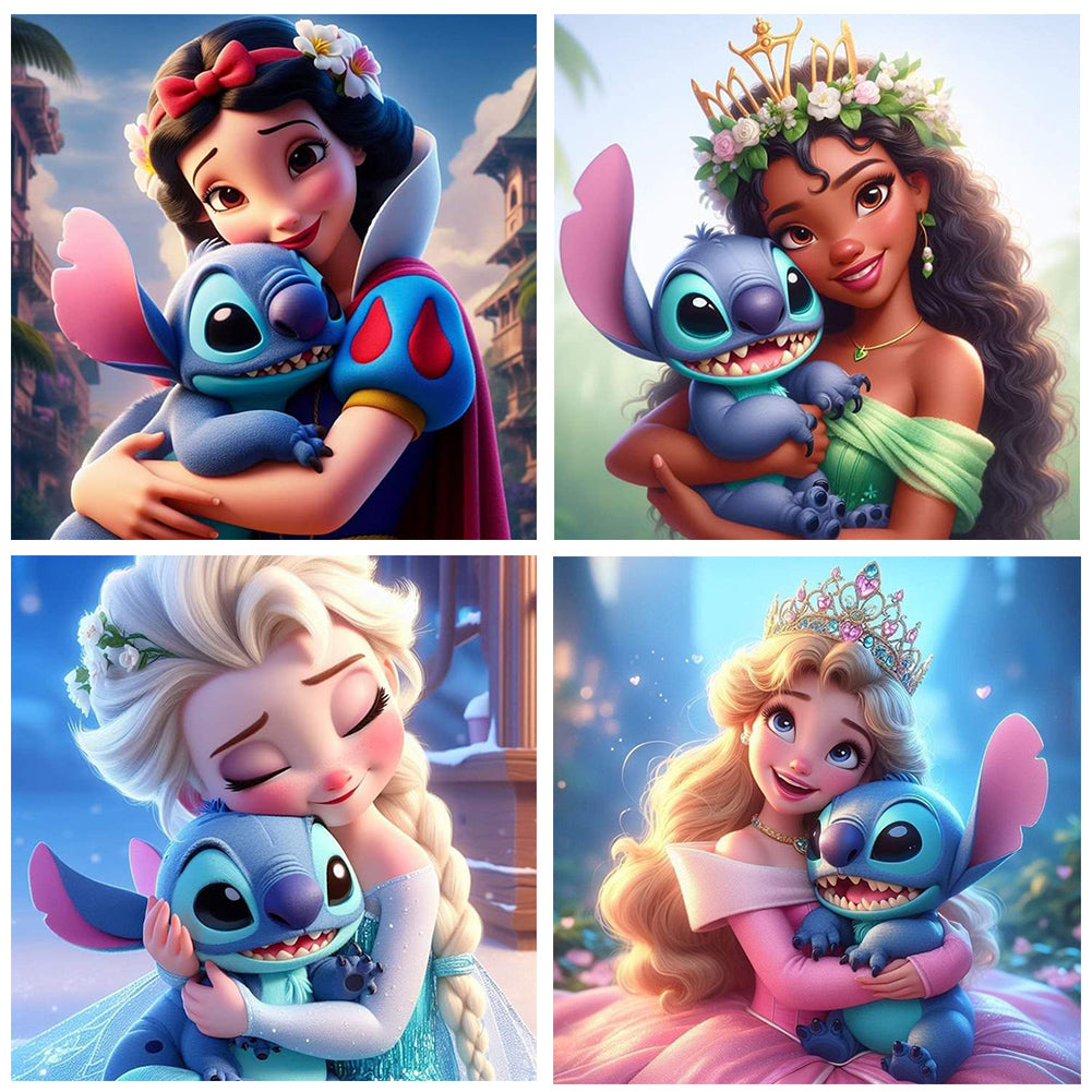 4pcs Round Diamond Painting Set - Stitch And Disney Princesses (30*30CM)