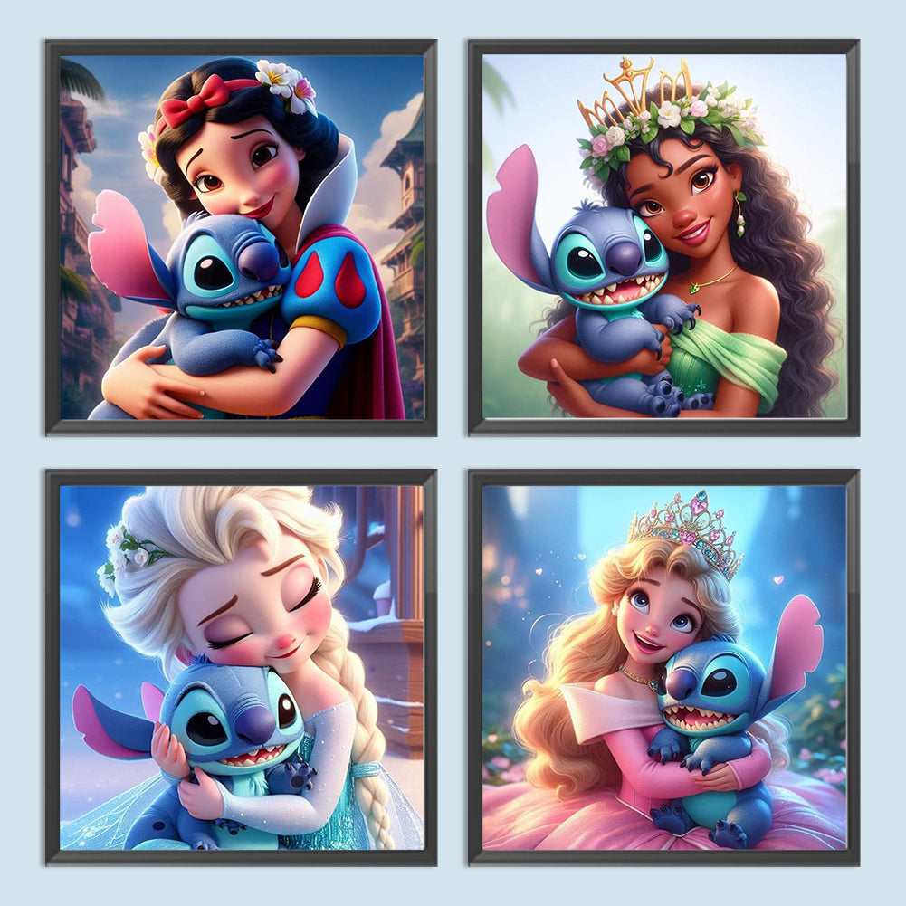 4pcs Round Diamond Painting Set - Stitch And Disney Princesses (30*30CM)