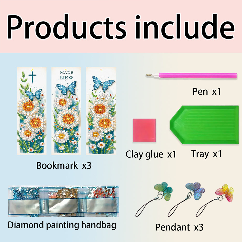 3Pcs Special Shape Daisy Butterfly 5D DIY Diamond Painting Bookmark with Pendant