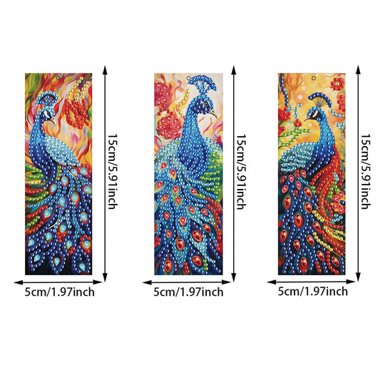 3Pcs Special Shape Peacock 5D DIY Diamond Painting Bookmark with Pendants