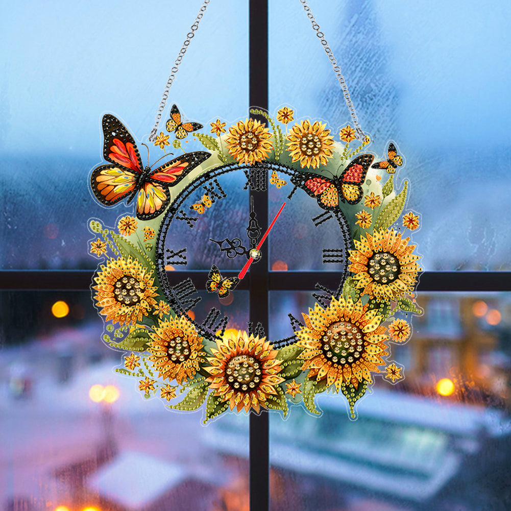 Acrylic Special Shape Sunflower Butterfly Diamond Painting Clock Handicraft
