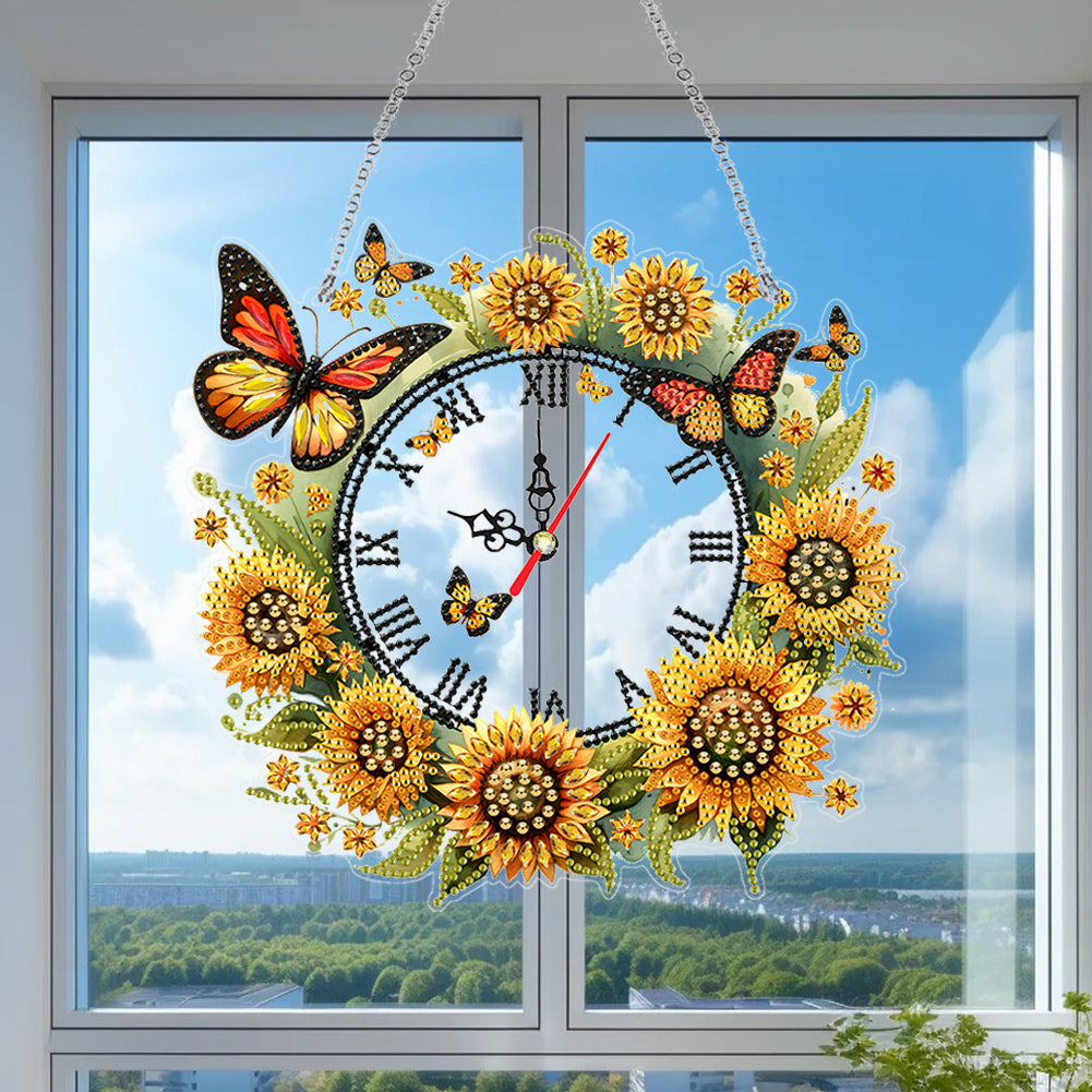 Acrylic Special Shape Sunflower Butterfly Diamond Painting Clock Handicraft