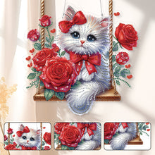 Load image into Gallery viewer, Acrylic Special Shape Red Roses Cat DIY Diamond Painting Hanging Pendants