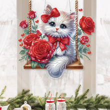 Load image into Gallery viewer, Acrylic Special Shape Red Roses Cat DIY Diamond Painting Hanging Pendants