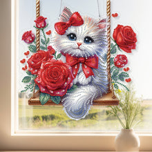 Load image into Gallery viewer, Acrylic Special Shape Red Roses Cat DIY Diamond Painting Hanging Pendants