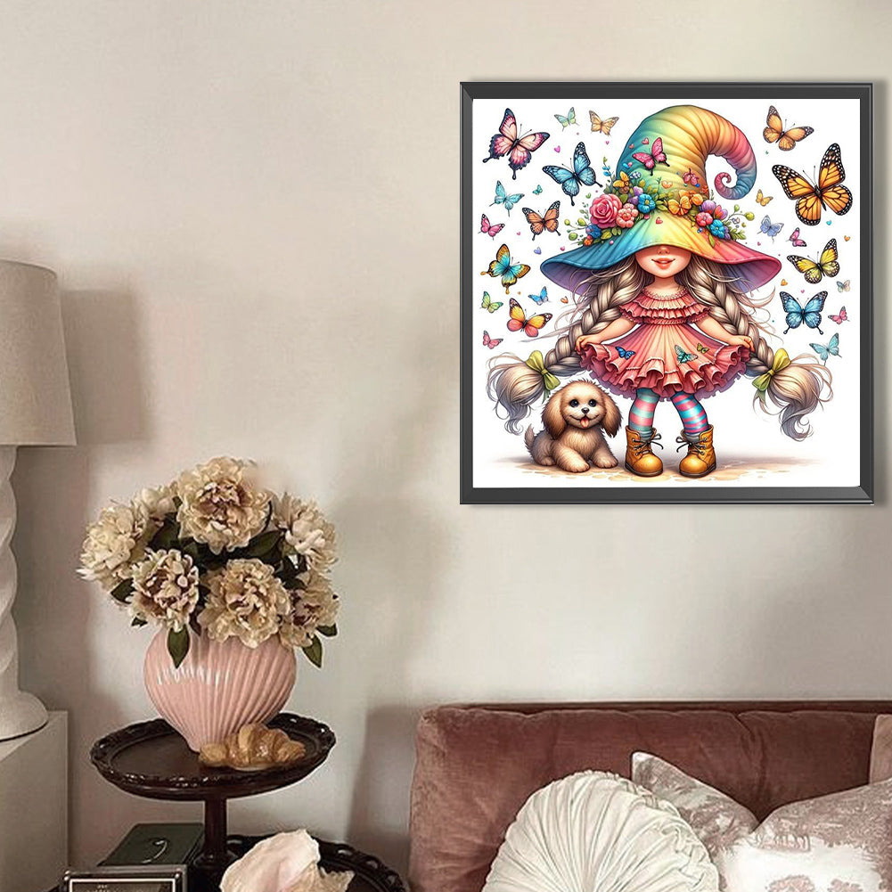 AB Diamond Painting - Full Round - Butterfly dog ??pigtail gnome girl (30*30CM)