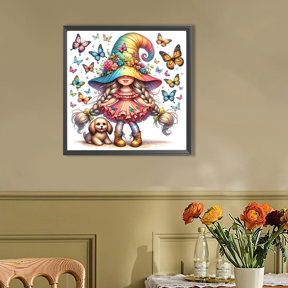 AB Diamond Painting - Full Round - Butterfly dog ??pigtail gnome girl (30*30CM)