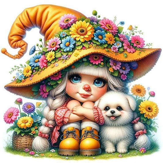 AB Diamond Painting - Full Round - Flower dog gnome girl (30*30CM)