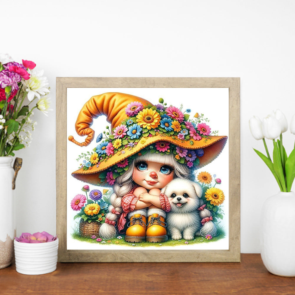 AB Diamond Painting - Full Round - Flower dog gnome girl (30*30CM)