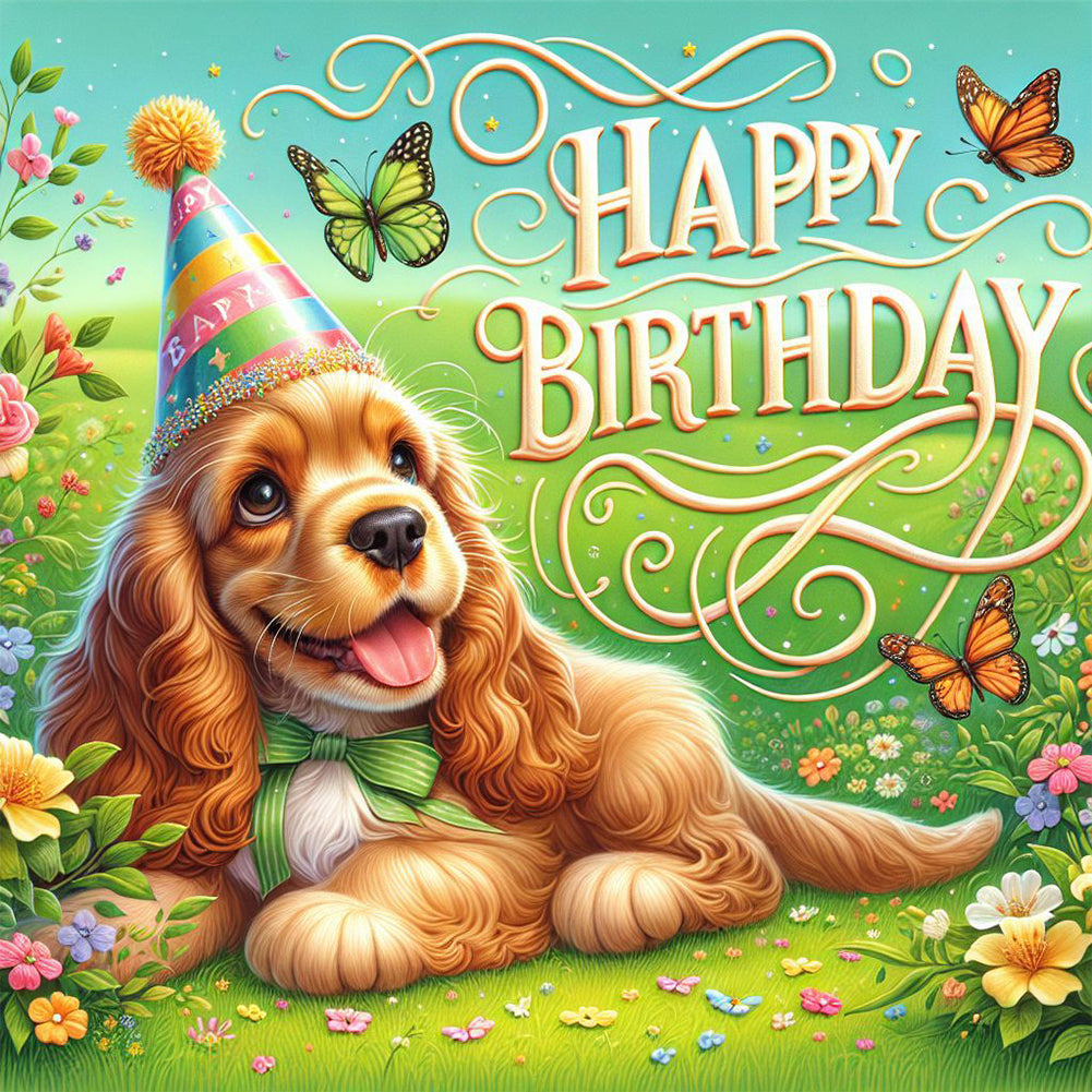 Diamond Painting - Full Round - Happy birthday grass golden retriever (40*40CM)