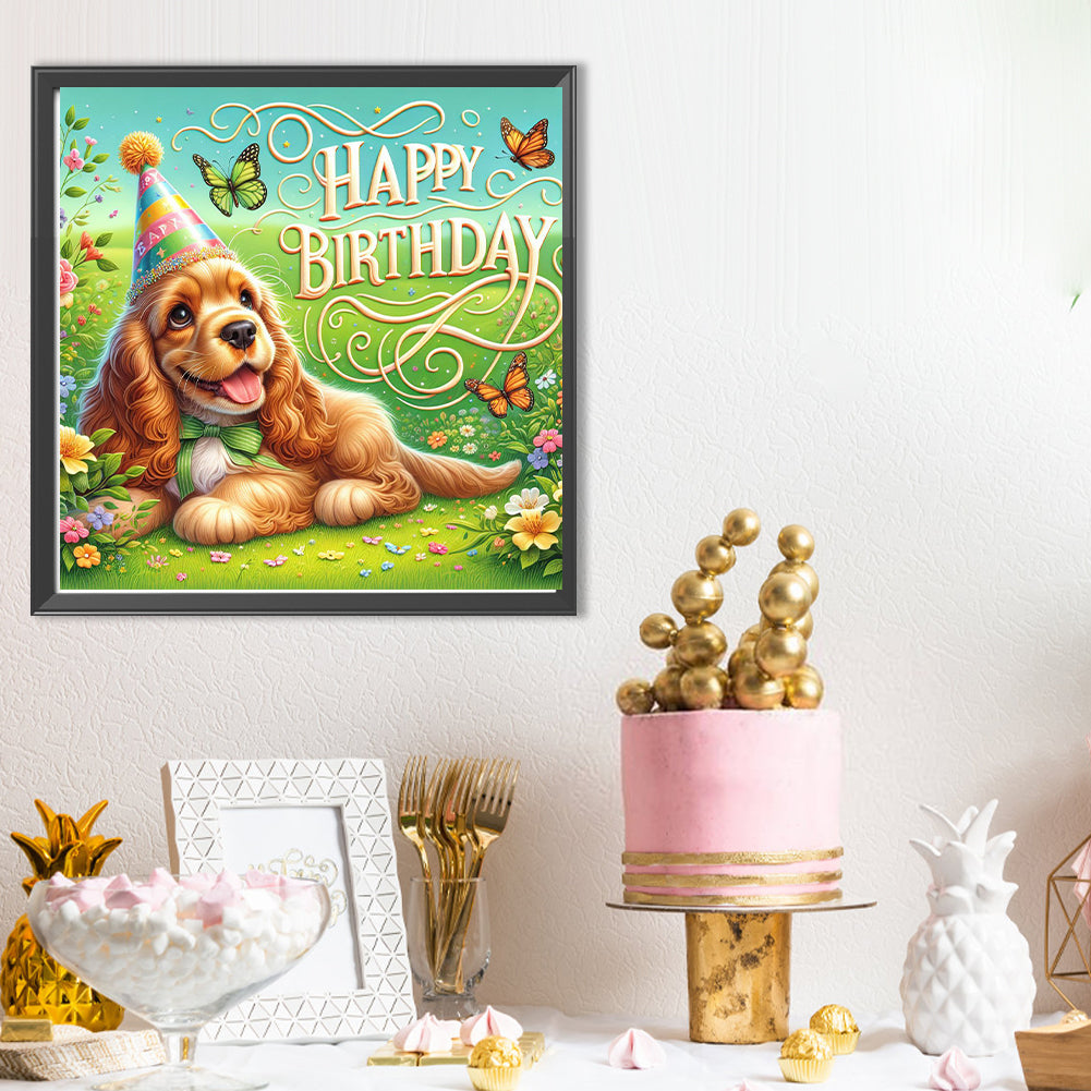 Diamond Painting - Full Round - Happy birthday grass golden retriever (40*40CM)