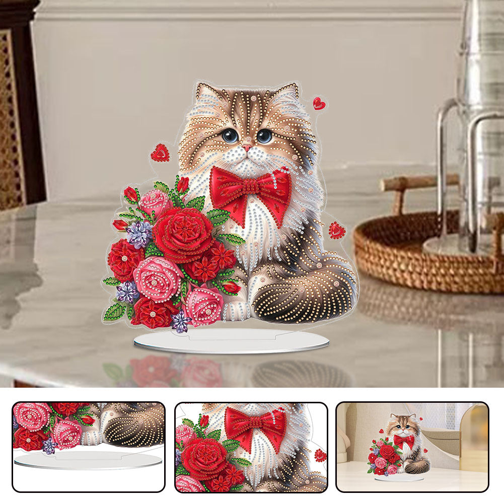 Acrylic Special Shaped Cat Rose DIY Desktop Diamond Painting Art Kits for Home
